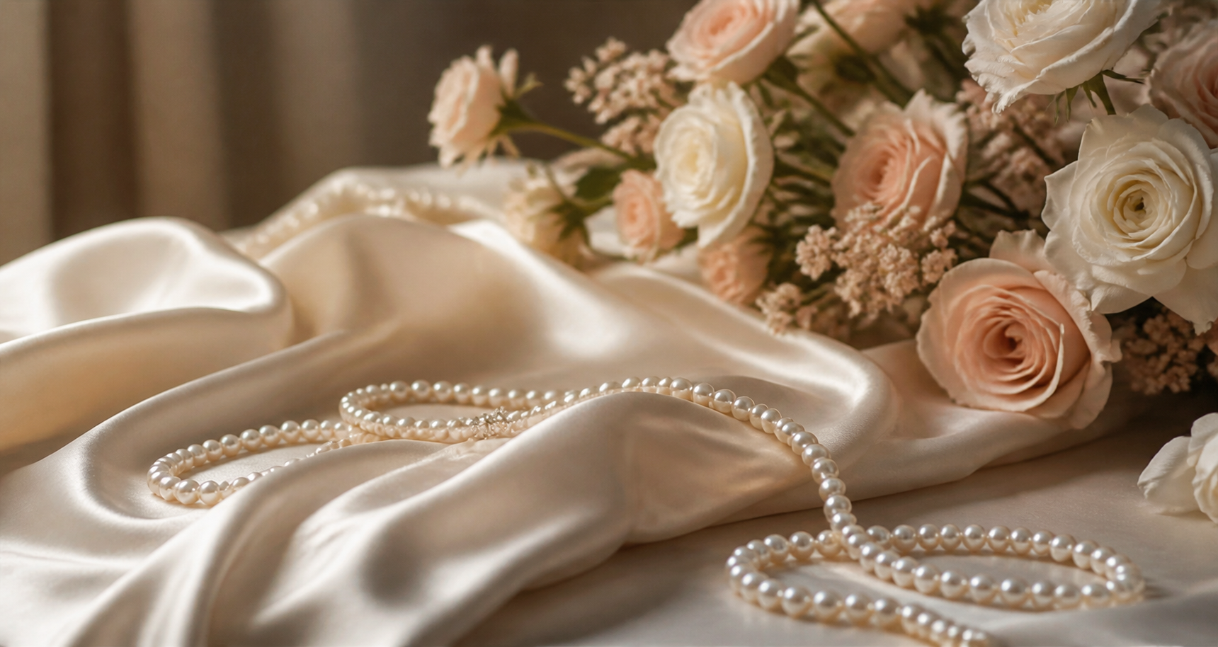 Ivory silk, pearl necklace, and soft blush flowers